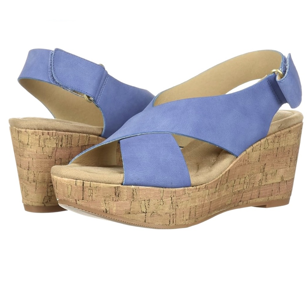 LC BY CHINESE LAUNDRY BLUE WRAPPED CORK PLATFORM CRISS CROSS UPPER SANDALS 7.5